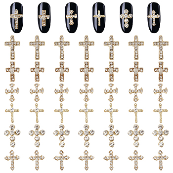 48Pcs 6 Styles Alloy Rhinestone Cross Cabochons, Nail Art Decoration Accessories, Golden, 8.5~12x6.5~8.5x1.5~3.5mm, 8pcs/style