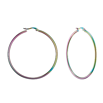 304 Stainless Steel Big Hoop Earrings, Hypoallergenic Earrings, Ring Shape, Rainbow Color, 12 Gauge, 54~56x2mm, Pin: 0.7~1.3x0.68mm