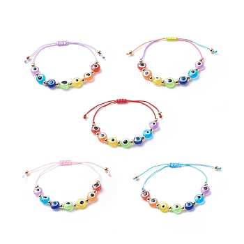 Evil Eye Resin Bead & Brass Braided Beaded Bracelets for Girl Women, Adjustable Nylon Threads Cord Bracelet, Colorful, Inner Diameter: 1-7/8~2-7/8 inch(4.9~7.4cm)