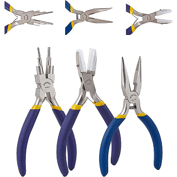 Jewelry Plier Sets, with Carbon Steel Round Nose Pliers & Flat Nose Pliers and Iron Chain Nose Pliers, Purple, 13~14.5x7~8x1~1.3cm, 3pcs/set