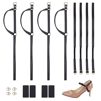 Fingerinspire 4 Sets 2 Styles Imitation Leather Anti-Loose High-heeled Shoe Laces, Shoe Bands, with Alloy Clasp, Black, 335~345x9~11.5x1.2mm, 2 sets/style