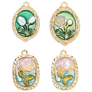 8Pcs 4 Styles Rack Plating Alloy Enamel Pendants, with ABS Imitation Pearl & Resin, Cadmium Free & Nickel Free & Lead Free, Light Gold, Oval Charm, Mixed Color, 26.5~31x17.5~21x5~5.5mm, Hole: 1.8~2.2mm, 2pcs/style