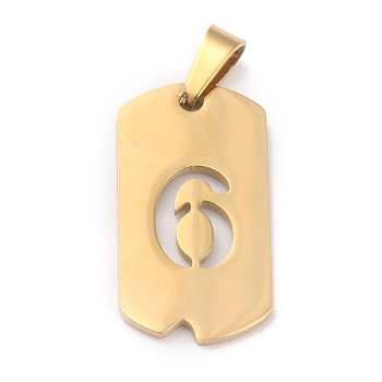 Ion Plating(IP) 304 Stainless Steel Pendants, Manual Polishing, Rectangle with Number, Golden, Num.6, 27.5x14.5x1.5mm, Hole: 3.5mm