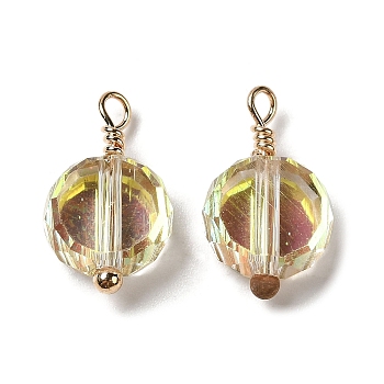 Half Plated Glass Charms, with Real 18K Gold Plated Brass Loop, Faceted Flat Round Charm, Dark Goldenrod, 14x8x4mm, Hole: 1.6mm