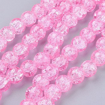 Spray Painted Crackle Glass Beads Strands, Round, Hot Pink, 10mm, Hole: 1.3~1.6mm, about 80pcs/strand, 31.4 inch