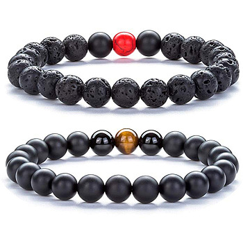 2Pcs 2 Style Natural Tiger Eye & Lava Rock & Synthetic Black Stone Round Beaded Stretch Bracelets Set