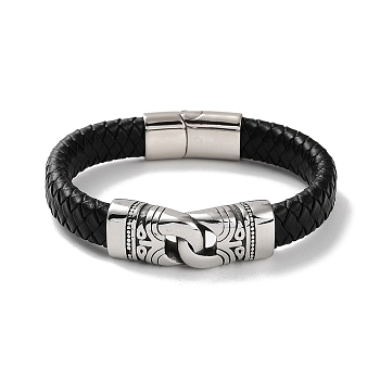 Men's Braided Black PU Leather Cord Bracelets, Lock 304 Stainless Steel Link Bracelets with Magnetic Clasps, Antique Silver, 8-3/4 inch(22.1cm)