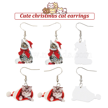 anattasoul 2 paires 2 style chapeau de Noël avec boucles d'oreilles pendantes en acrylique chat(EJEW-AN0002-37)-3