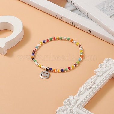 Colorful Seed Beaded Stretch Bracelet with Brass Charms for Women(BJEW-JB09218-01)-2