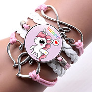 Imitation Leather Woven Multi-strand Bracelets, Flat Round with Unicorn, Pink, 6-1/4~7-1/8 inch(16~18cm)(WG5997F-05)