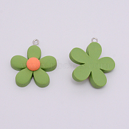 Resin Pendants, with Platinum Iron Peg Bail, Flower, Olive Drab, 30x27x9mm, Hole: 2mm(RESI-TAC0001-88A)