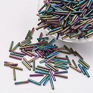 Glass Bugle Beads, Iris, Colorful, 12x2mm, Hole: 0.5mm, about 5000pcs/bag(SEED-E001-12mm-409#)