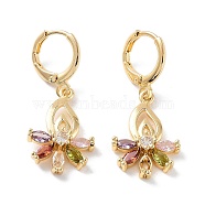 Rack Plating Golden Brass Dangle Leverback Earrings, with Cubic Zirconia, Flower, 34x14mm(EJEW-A030-01B-G)