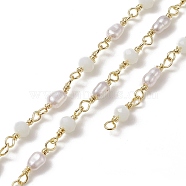 Handmade Plastic Pearl & Abacus Beaded Chains, with Rack Plating Golden Brass Findings, Unwelded, with Card Paper, White, 14~14.5x3.5x3.5mm, 12.5~13x4x4mm(CHC-C026-27)