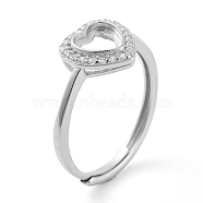 Heart Adjustable 925 Sterling Silver Ring Components, with Cubic Zirconia, Open Bezel Setting, Real Platinum Plated, Inner Diameter: 17mm(STER-G042-06P)