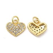 Brass Micro Pave Clear Cubic Zirconia Charms, with Jump Ring, Heart Charm, Real 18K Gold Plated, 11x12x2.5mm, Hole: 3.5mm(KK-E068-VB163)