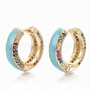 Brass Micro Pave Colorful Cubic Zirconia Huggie Hoop Earrings, with Enamel, Real 18K Gold Plated, Dark Turquoise, 15.5x16.5x5mm, Pin: 1x1mm(EJEW-S209-03C)