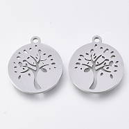 201 Stainless Steel Pendants, Laser Cut Pendants, Flat Round with Tree, Stainless Steel Color, 17x15x1mm, Hole: 1.4mm(STAS-S110-056P)
