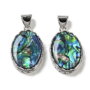 Natural Paua Shell Pendants, Platinum Plated Alloy Oval Charms, Colorful, 32.5~33x21.5x7mm, Hole: 8x6mm(FIND-Z032-05C)