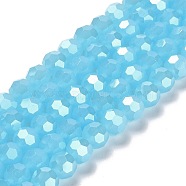 Electroplate Glass Beads Strands, Faceted, Pearl Luster Plated, Round, Light Sky Blue, 8mm, Hole: 1mm, about 66~69pcs/strand, 19.29~19.57 inch(49~49.7cm)(EGLA-A035-J8mm-A04)