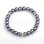 Glass Pearl Round Beads Stretch Bracelets, with Silver Color Plated Brass Middle East Rhinestone Beads, Gray, 52mm(BJEW-JB01544-03)