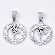 201 Stainless Steel Pendants, with Random Size Snap On Bails and Polymer Clay Crystal Rhinestones, Flat Round with Rose, Stainless Steel Color, 23x20x2.5mm, Hole: 8~10x3~5mm(STAS-N089-27P)