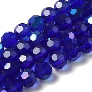 Electroplate Transparent Glass Beads Strands, Faceted, Round, Rainbow Plated, Dark Blue, 6mm, Hole: 1mm, about 98~100pcs/strand, 20.39~20.59 inch(51.8~52.3cm)(EGLA-A035-T6mm-L06)