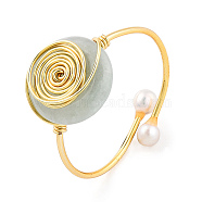 Natural Jadeite Open Cuff Ring with Pearl Beaded, Brass Wire Wrapped Vortex Ring for Wome, Real 14K Gold Plated, US Size 11(20.6mm)(RJEW-T026-01G)