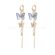 Glass Butterfly Dangle Hoop Earrings with Clear Cubic Zirconia, Golden Brass Long Tassel Earrings for Woman, Cornflower Blue, 95mm, Pin: 1mm(EJEW-TA00153-01)