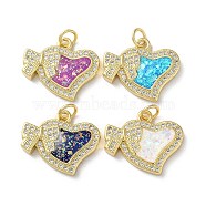 Valentine's Day Brass Micro Pave Clear Cubic Zirconia Pendants, with Synthetic Opal, Real 18K Gold Plated, Heart with with Bowknot Charms, Mixed Color, 16x19x3mm, Hole: 3.5mm(KK-C045-38G)