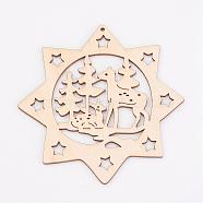 Undyed Wooden Pendants, Eight Pointed Star, for Christmas Theme, Antique White, 100x100x2.5mm, Hole: 2mm(WOOD-K005-15)