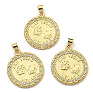Brass with Cubic Zirconia Pendants, Long-Lasting Plated, Lead Free & Cadmium Free, Flat Round with Dice Charm, Real 18K Gold Plated, 26x22.5x2mm, Hole: 3x4.5mm(KK-K341-24G)