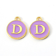 Golden Plated Alloy Enamel Charms, Enamelled Sequins, Flat Round with Letter, Medium Purple, Letter.D, 14x12x2mm, Hole: 1.5mm(X-ENAM-S118-10D)