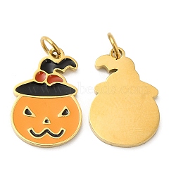 Halloween Ion Plating(IP) 304 Stainless Steel Charms, with Enamel and Jump Ring, Golden, Pumpkin with Hat Charm, Orange, 15x10x1mm, Hole: 2.6mm(STAS-D066-06G)