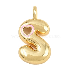 Brass Pendants, with Pearl Pink Enamel, Letter with Heart Charms, Cadmium Free & Lead Free, Rack Plating, Long-Lasting Plated, Real 18K Gold Plated, Letter S, 24x13x6.5mm, Hole: 3mm(KK-CBA3FD6-07S-G)