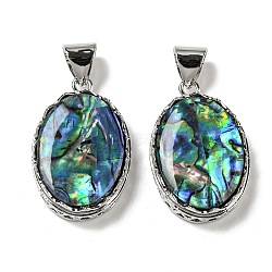 Natural Paua Shell Pendants, Platinum Plated Alloy Oval Charms, Colorful, 32.5~33x21.5x7mm, Hole: 8x6mm(FIND-Z032-05C)