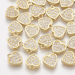Brass Cubic Zirconia Charms, Heart, Clear, Real 18K Gold Plated, 7.5x6.5x1.5mm, Hole: 0.8mm(X-KK-T035-31)