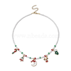 Christmas Tree & Candy Cane & Moon & Deer Alloy Pendant Necklace, Seed & Polymer Clay Beaded Christmas Necklace for Women, Colorful, 15.87 inch(40.3cm)(NJEW-JN04301)