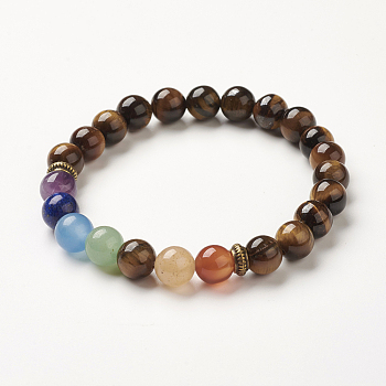 Yoga Chakra Jewelry, Natural Tiger Eye Beads Stretch Bracelets, 2-1/8~2-3/8 inch(55~60mm)