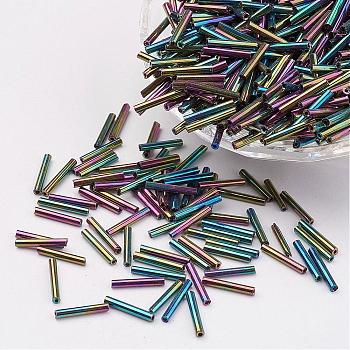 Glass Bugle Beads, Iris, Colorful, 12x2mm, Hole: 0.5mm, about 5000pcs/bag