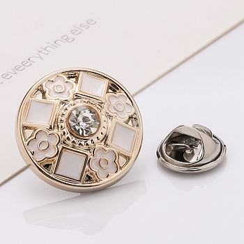 Plastic Brooch, Alloy Pin, with Rhinestone, Enamel, for Garment Accessories, Round with Flower & Square, Snow, 21mm