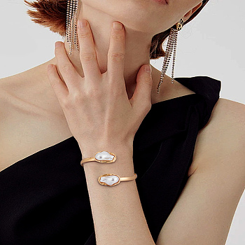 1Pc Iron Cuff Bangles, Imitation Pearl Bead Bangles for Women, with Alloy, Golden, 1/4 inch(0.6cm), Inner Diameter: 2-3/4~2-7/8 inch(6.9~7.2cm)