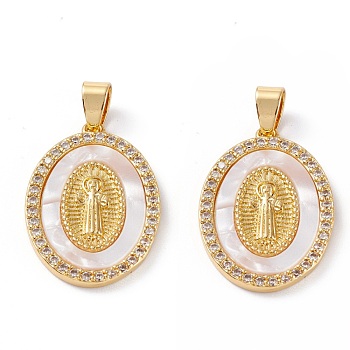 Brass Micro Pave Clear Cubic Zirconia Pendants, Long-Lasting Plated, Oval with Virgin Mary, Real 18K Gold Plated, 27x19x2.5mm, Hole: 4.5x3.5mm