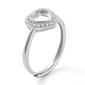 Heart Adjustable 925 Sterling Silver Ring Components, with Cubic Zirconia, Open Bezel Setting, Real Platinum Plated, Inner Diameter: 17mm