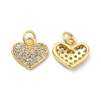 Brass Micro Pave Clear Cubic Zirconia Charms, with Jump Ring, Heart Charm, Real 18K Gold Plated, 11x12x2.5mm, Hole: 3.5mm
