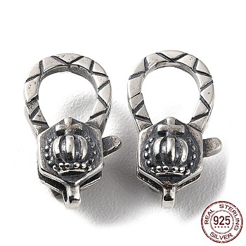 925 Thailand Sterling Silver Lobster Claw Clasps, Crown, with 925 Stamp, Antique Silver, 17.5x10.5x7.5mm, Hole: 1.2mm