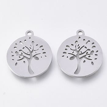 201 Stainless Steel Pendants, Laser Cut Pendants, Flat Round with Tree, Stainless Steel Color, 17x15x1mm, Hole: 1.4mm
