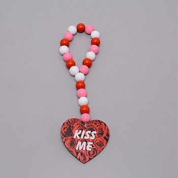 Valentine's Day Theme Schima Wood Beads Pendants Decorations, with Heart & Word KISS ME, Red, 260mm