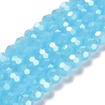 Electroplate Glass Beads Strands, Faceted(32 Facets), Pearl Luster Plated, Round, Light Sky Blue, 8mm, Hole: 1mm, about 66~69pcs/strand, 19.29~19.57 inch(49~49.7cm)