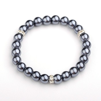 Glass Pearl Round Beads Stretch Bracelets, with Silver Color Plated Brass Middle East Rhinestone Beads, Gray, 52mm